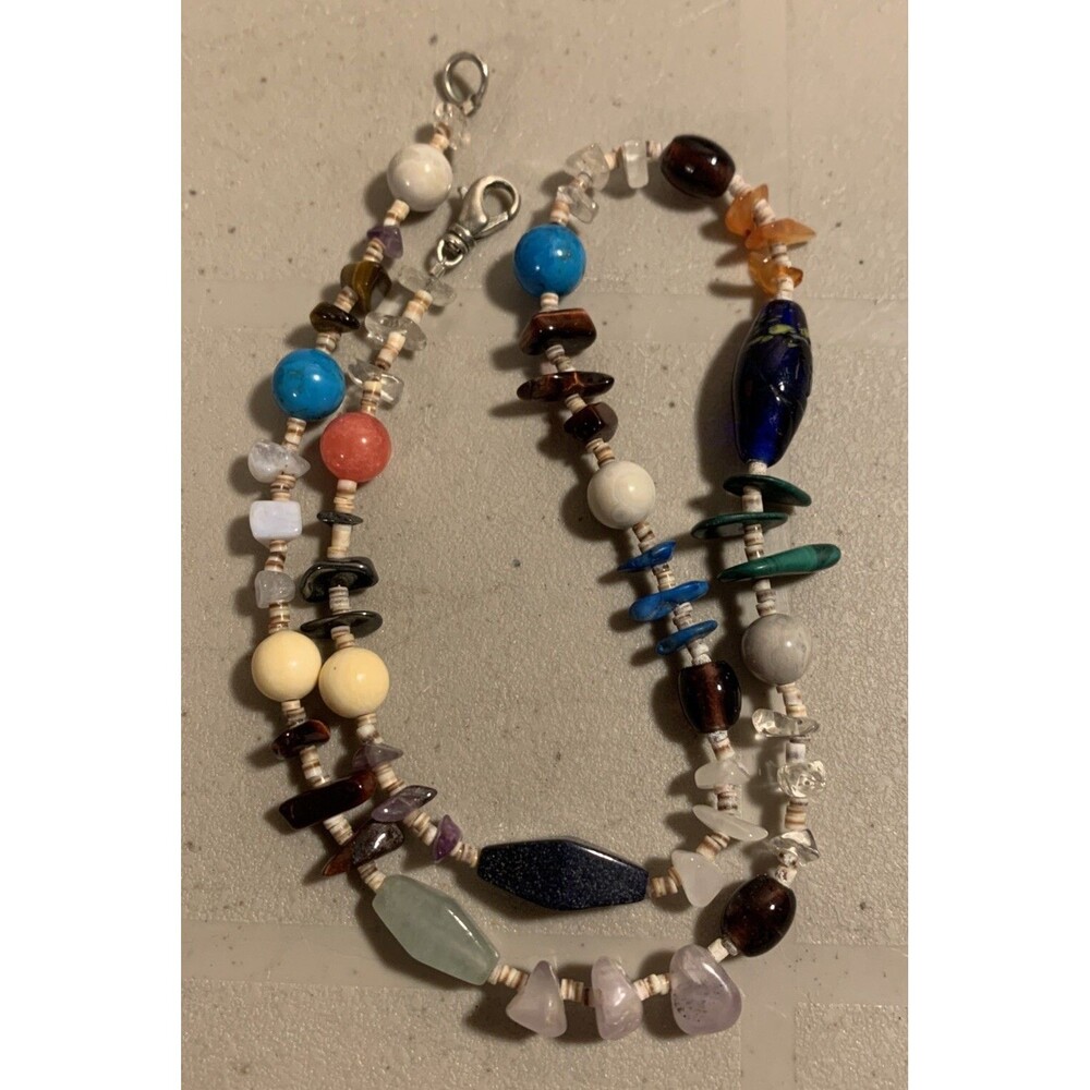 Vintage Colorful Quartz Agate Beaded Necklace Boho Art Festival Beach 18.5”
